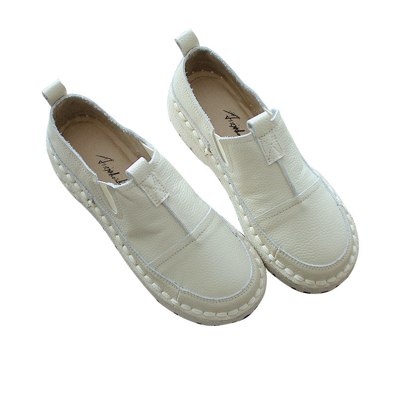 Women Retro Solid White Leather Casual Shoes Newgew Shoes
