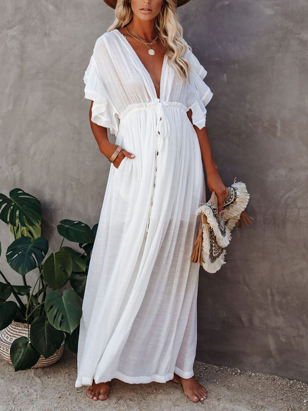 Button Cotton Linen Perfect Beach Boho Maxi Dress Newgew Dresses