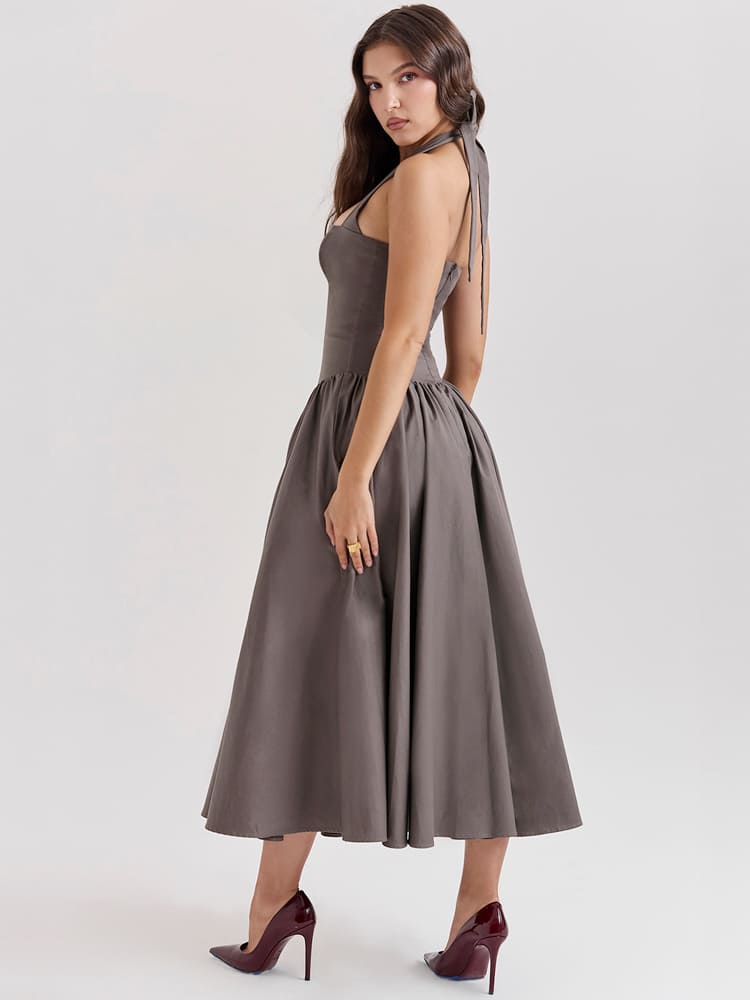 Halter Neck Midi Dress with Side Slit - Smoky Gray Newgew Dresses