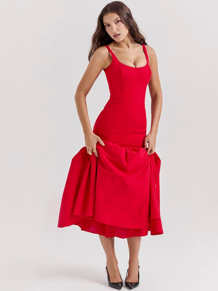 Low-Waist Bodycon Midi Dress - Scarlet Red Newgew Dresses