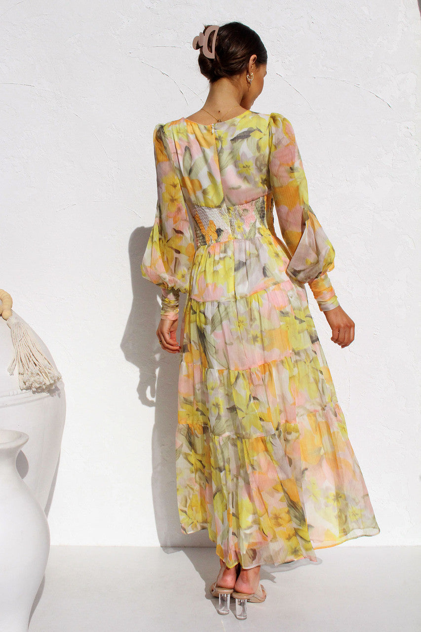 Painted Inspiration Floral Balloon Sleeves Maxi Dress Newgew Dresses