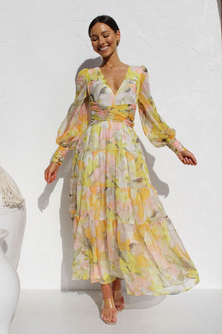 Painted Inspiration Floral Balloon Sleeves Maxi Dress Newgew Dresses