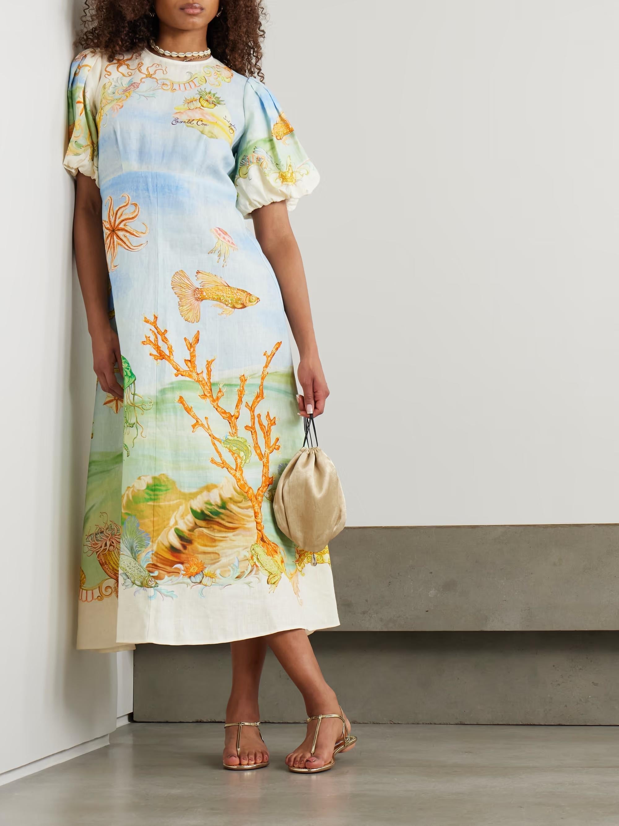 Gathered Printed Linen-Gauze Midi Dress Newgew Dresses