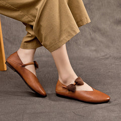 Almond Toe Bow Leather Ballet Flats Newgew Shoes