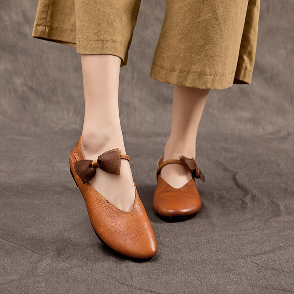 Almond Toe Bow Leather Ballet Flats Newgew Shoes