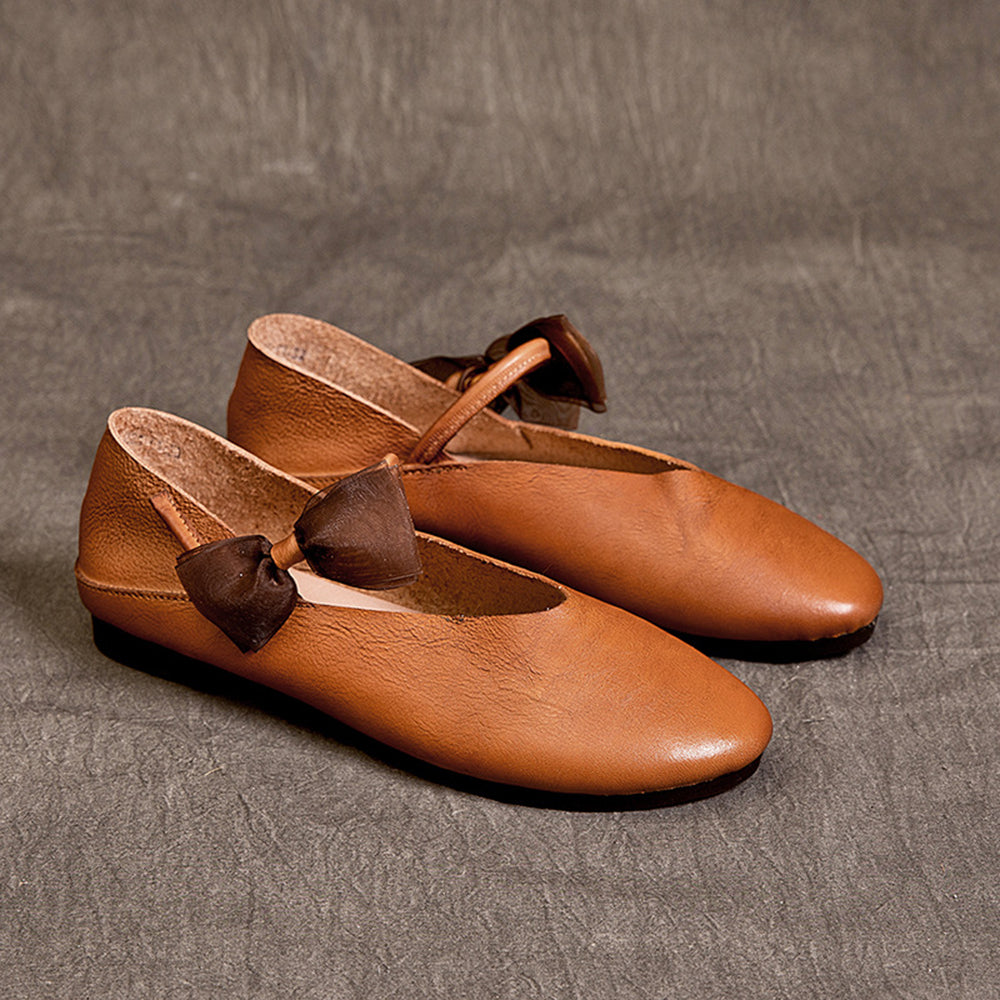 Almond Toe Bow Leather Ballet Flats Newgew Shoes