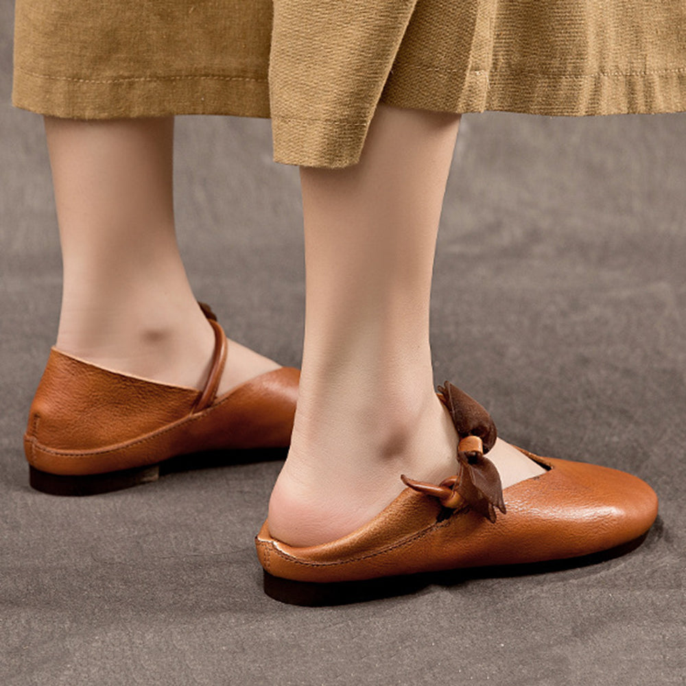 Almond Toe Bow Leather Ballet Flats Newgew Shoes