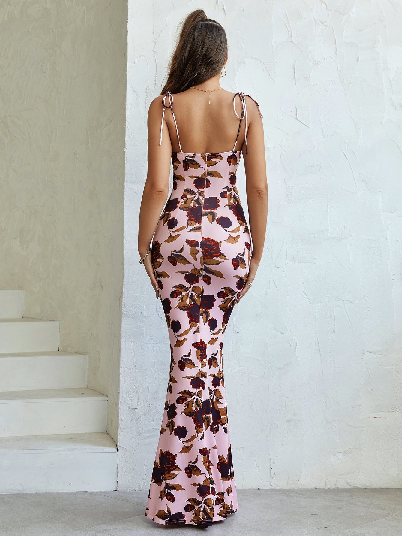 Tie Shoulder Fishtail Hem Floral Print Prom Dress Newgew Dresses
