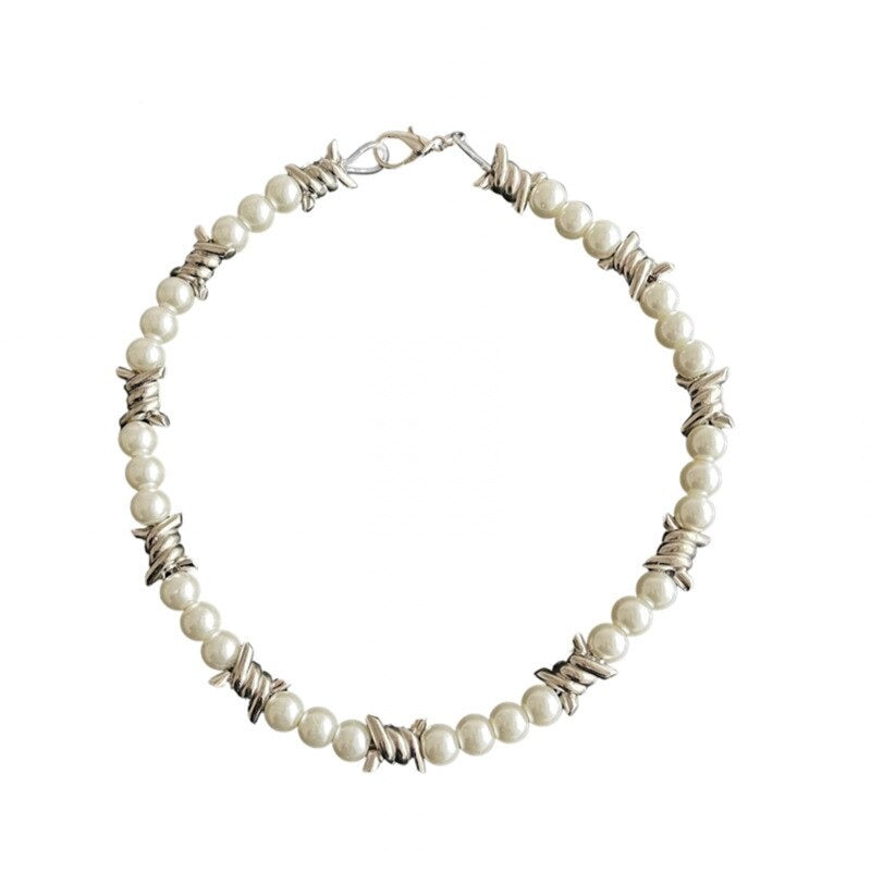 Barbed Wire Faux Pearl Necklace Newgew