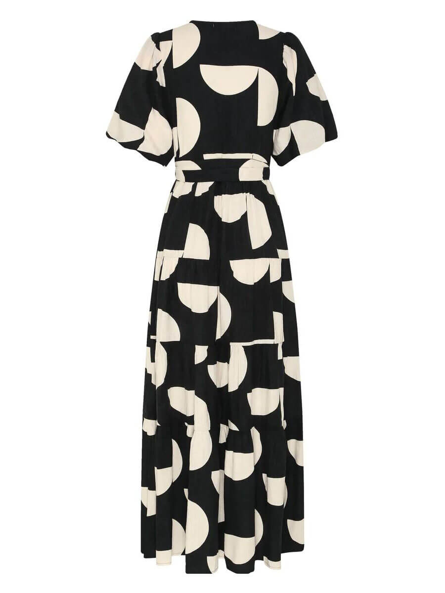 Puff Sleeve V-Neck Geometric Print Midi Dress Newgew Dresses