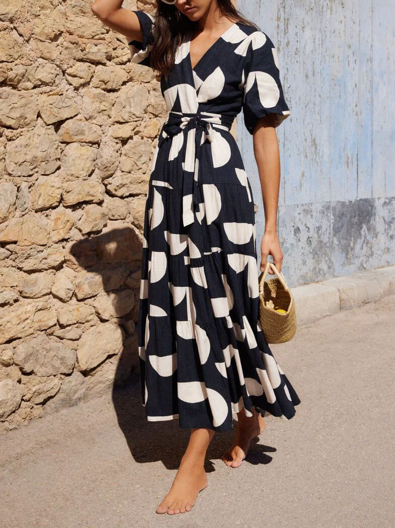 Puff Sleeve V-Neck Geometric Print Midi Dress Newgew Dresses
