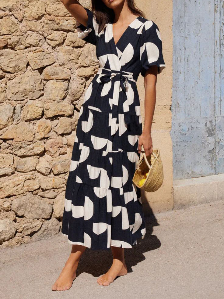 Puff Sleeve V-Neck Geometric Print Midi Dress Newgew Dresses