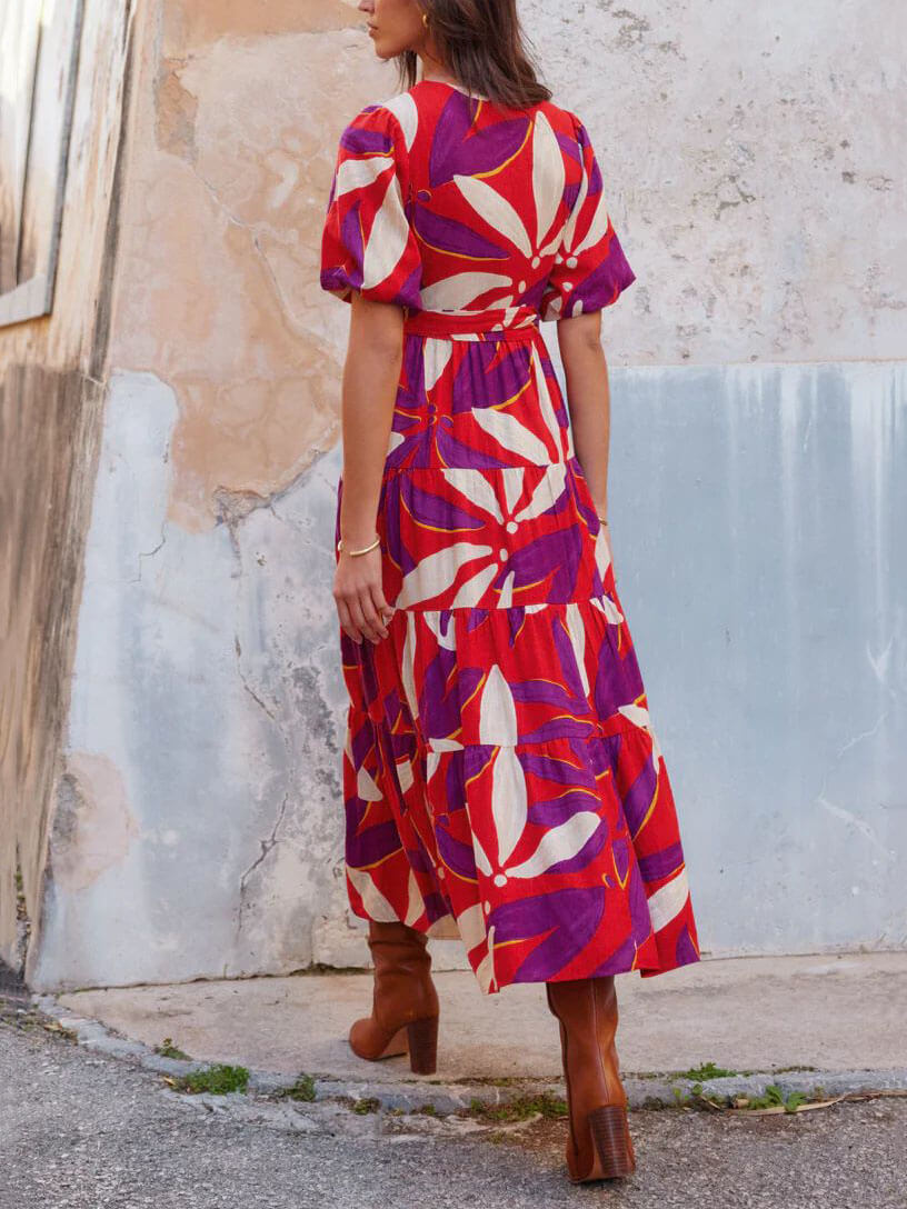 V-Neck Puff Sleeves Slit Printed Maxi Dress Newgew Dresses