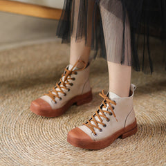 Beige Low Heel Leather Martin Boots Newgew Shoes