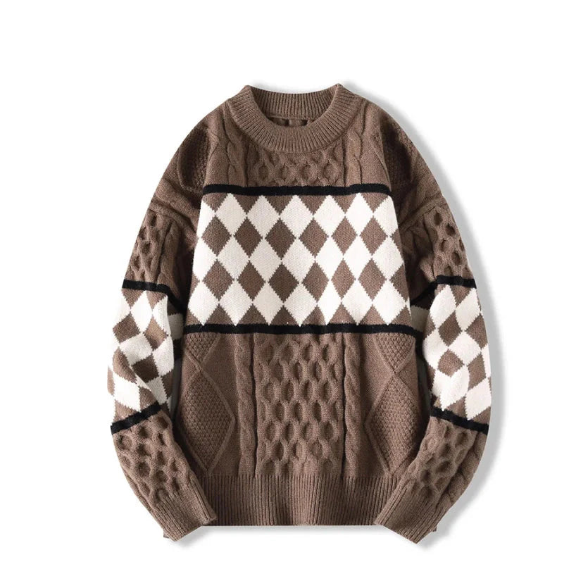 Cable Knit/Checkerboard Knitted Sweater Newgew