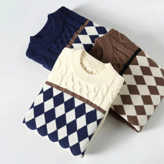 Cable Knit/Checkerboard Knitted Sweater Newgew