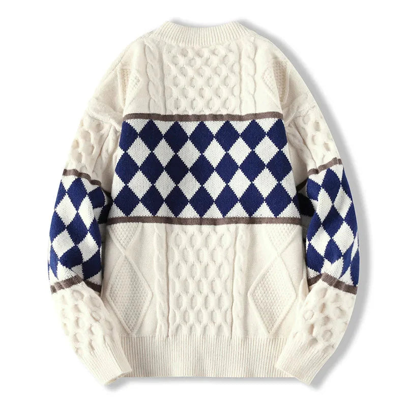 Cable Knit/Checkerboard Knitted Sweater Newgew