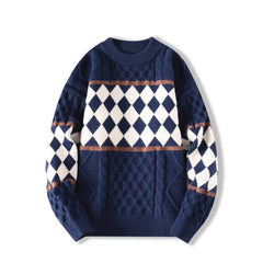 Cable Knit/Checkerboard Knitted Sweater Newgew