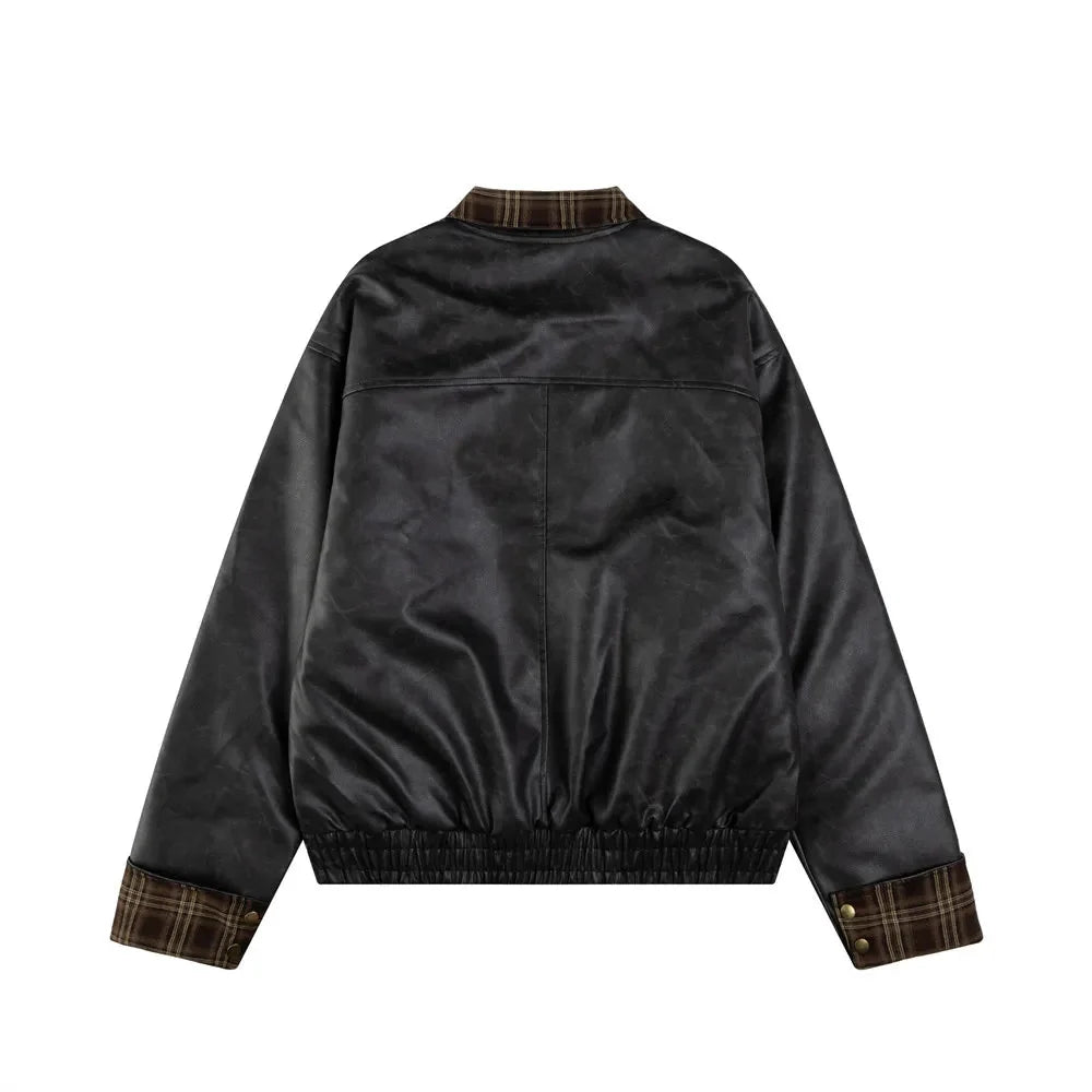 Check Collar Faux Leather Jacket Newgew