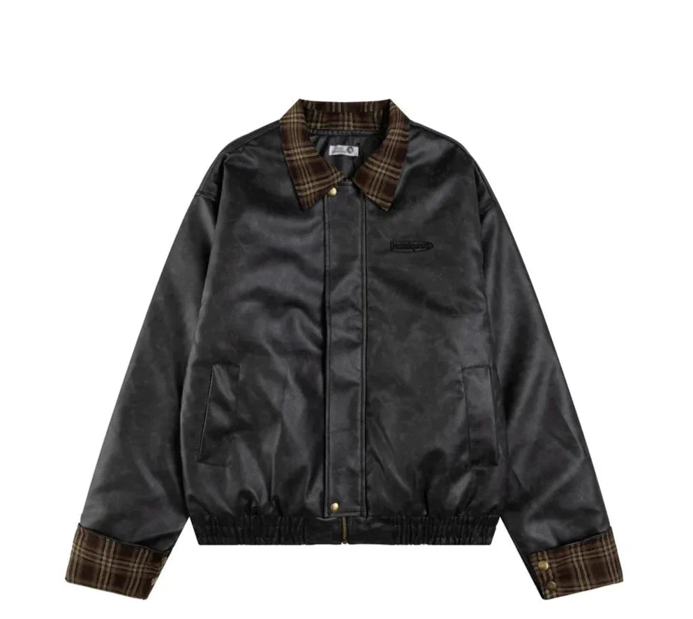 Check Collar Faux Leather Jacket Newgew