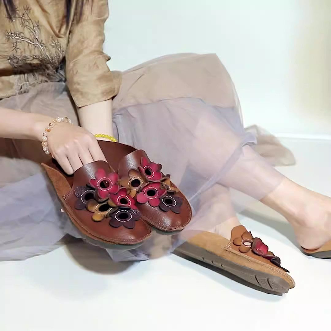 Chic Comfy Flats Leather Slippers With Flower Accents Newgew Shoes