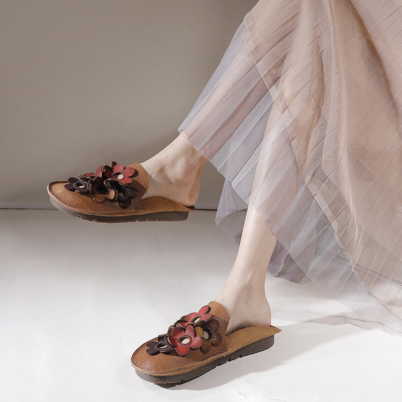 Chic Comfy Flats Leather Slippers With Flower Accents Newgew Shoes