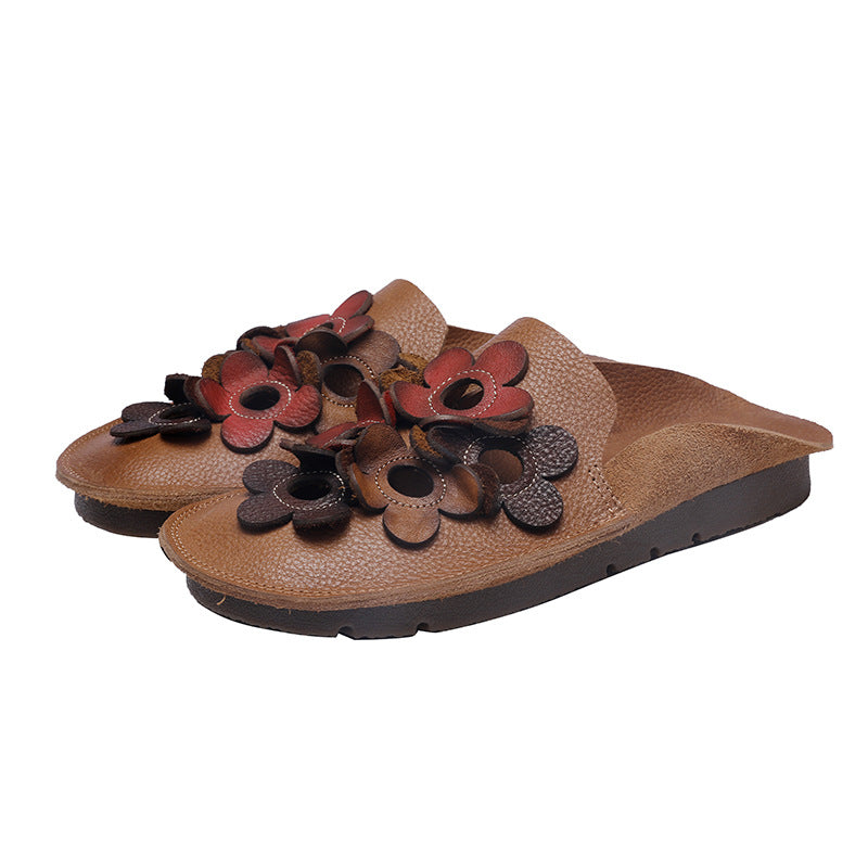 Chic Comfy Flats Leather Slippers With Flower Accents Newgew Shoes