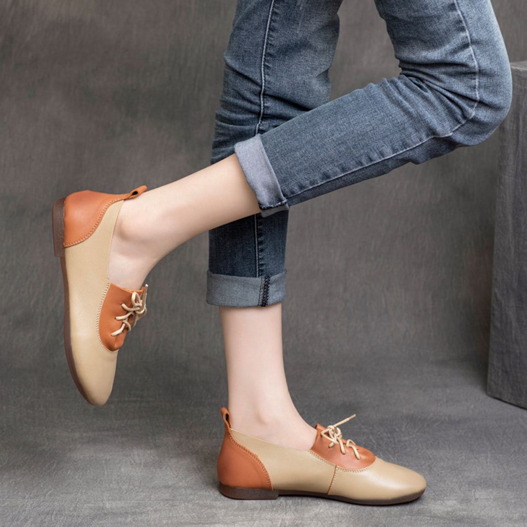 Color-Block Lace-Up Flat Leather Shoes Newgew Shoes