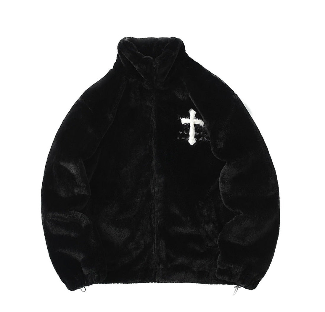 Cross Embroidered Faux Fur Zip-Up Jacket Newgew