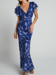 V Neck Flutter Sleeve Maxi Dress In Navy Swirl Newgew Dresses