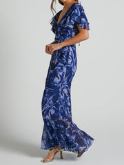V Neck Flutter Sleeve Maxi Dress In Navy Swirl Newgew Dresses