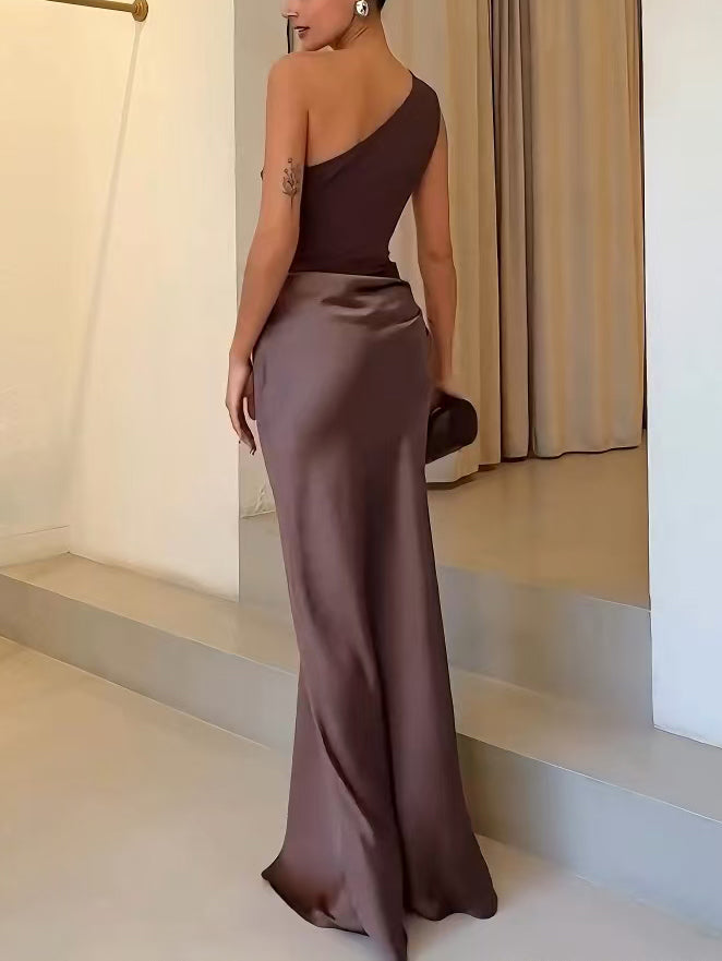 Elegant One Shoulder Neck Pleated Party Maxi Dress Newgew Dresses