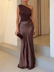 Elegant One Shoulder Neck Pleated Party Maxi Dress Newgew Dresses