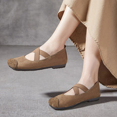 Elastic Cross-strap Paneled Leather Ballet Flats Newgew Shoes