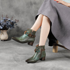 Ethnic Style Chunky Heels Flower Applique Pointed Toe Boots Newgew Shoes