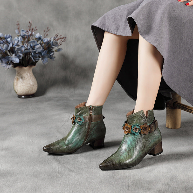 Ethnic Style Chunky Heels Flower Applique Pointed Toe Boots Newgew Shoes