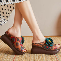 Ethnic Style Printed Retro Fish Toe Wedge Slippers Newgew Shoes