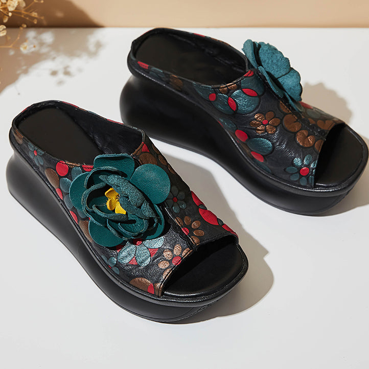 Ethnic Style Printed Retro Fish Toe Wedge Slippers Newgew Shoes