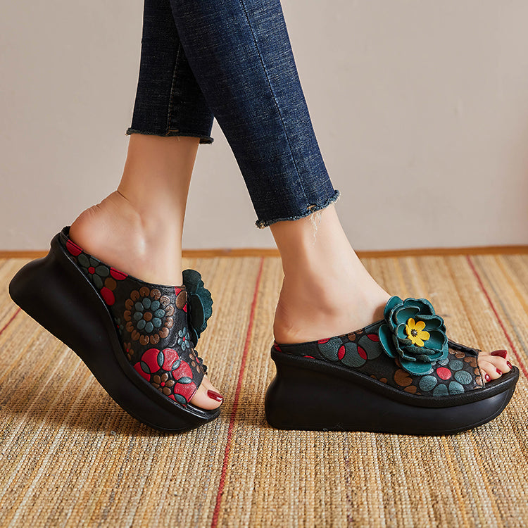 Ethnic Style Printed Retro Fish Toe Wedge Slippers Newgew Shoes