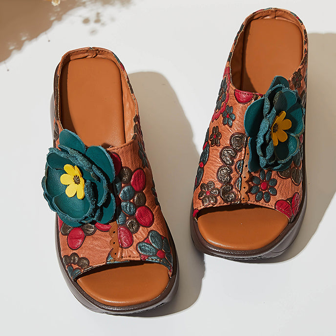 Ethnic Style Printed Retro Fish Toe Wedge Slippers Newgew Shoes