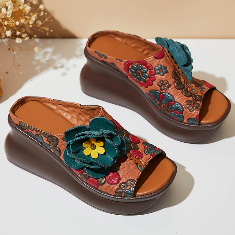 Ethnic Style Printed Retro Fish Toe Wedge Slippers Newgew Shoes