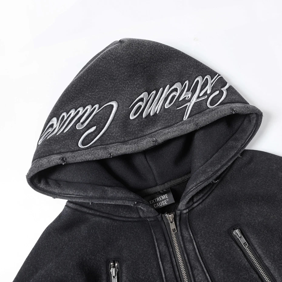 'Extreme Cause' Acid Wash Zip-up Hoodie Newgew