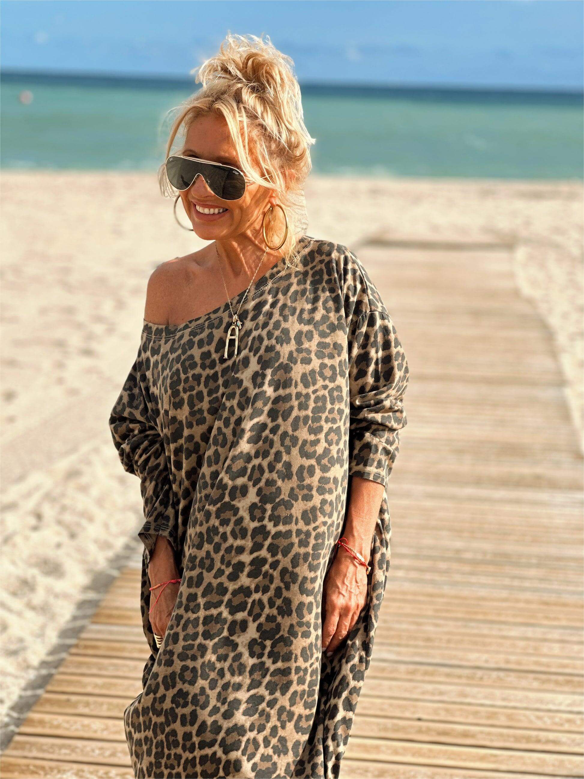 Camel Leopard Oversize Long Sleeve Dress Newgew Dresses