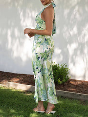 Floral Print Halter Backless Flowy Vacation Maxi Dresses Newgew Dresses