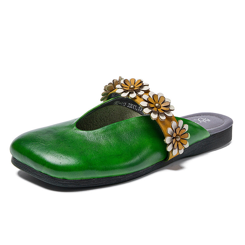 Genuine Leather Flower Accents Casual Slippers Newgew Shoes