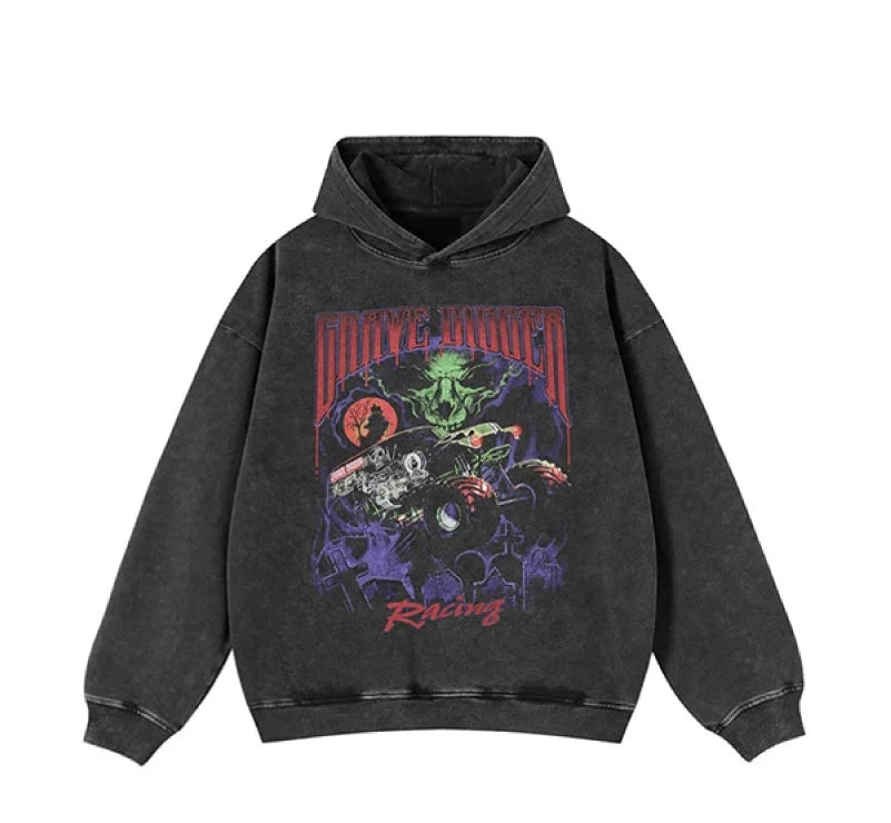 'Grave Digger' Acid Wash Hoodie Newgew