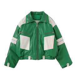 Green Faux Leather Cropped Moto Jacket Newgew