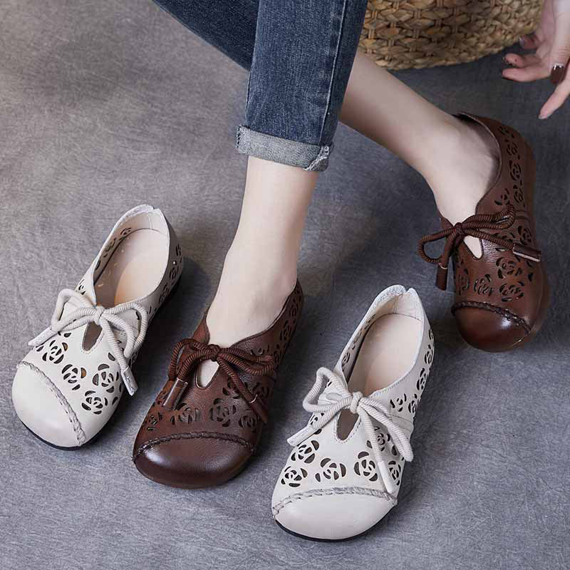 Handmade Stitched Hollow-out Lace-Up Flat Shoes Newgew Shoes