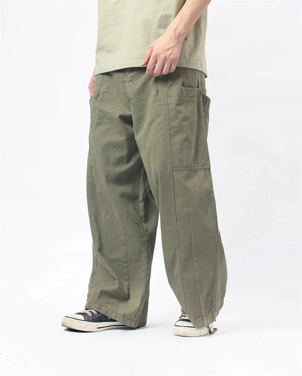 Herringbone Twill Wide-Leg Cargo Pants Newgew