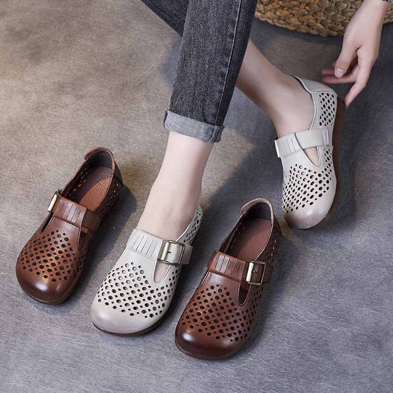 Hollow-out Women Leather Flat Shoes With Buckle Accents Newgew Shoes